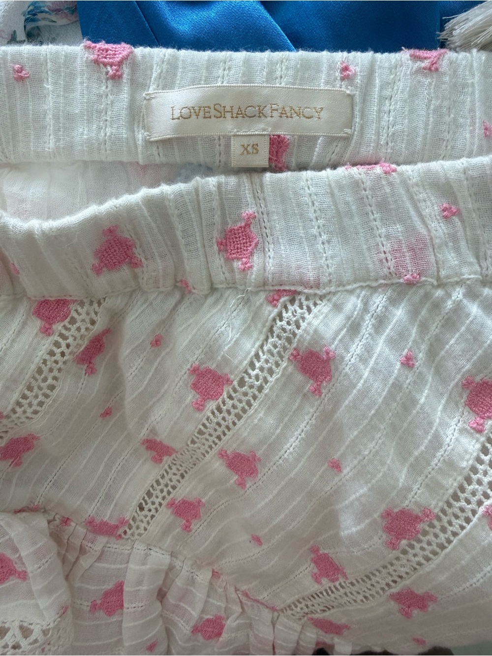 LoveShackFancy Tiered White Mini Skirt with Pink Floral Detail - Picture 2 of 2